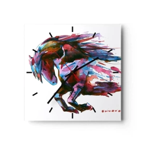 Zegar ścienny - Koń w dynamicznych abstrakcyjnych barwach symbolizujący wolność - 30x30cm - W uniesieniu - Nowoczesna dekoracja ścienna do salonu i sypialni ARTTOR