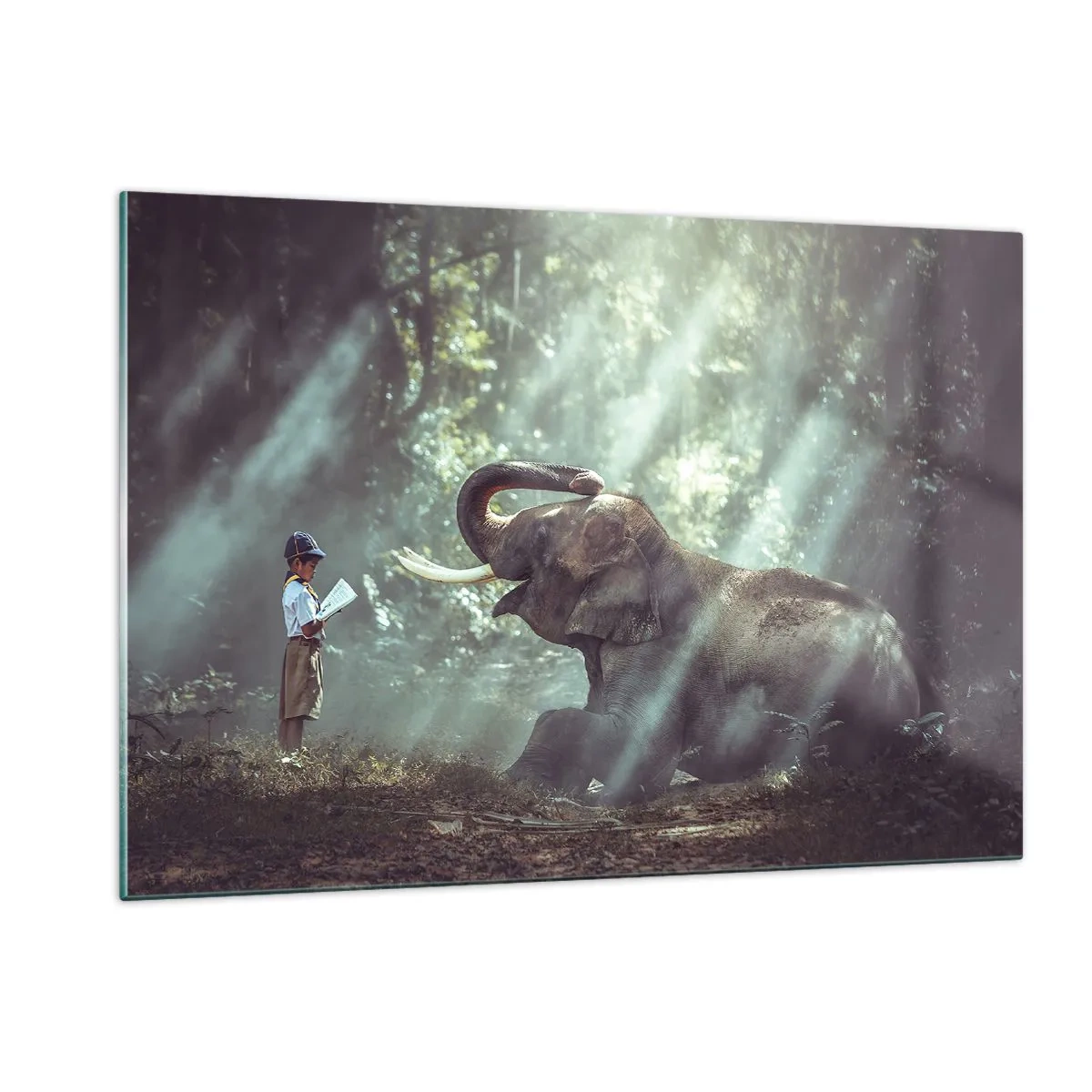 Obraz na szkle - Chłopiec z książką i słoń w leśnym otoczeniu - 120x80cm - A posłuchaj tego… - Nowoczesna dekoracja ścienna do salonu, kuchni i sypialni ARTTOR