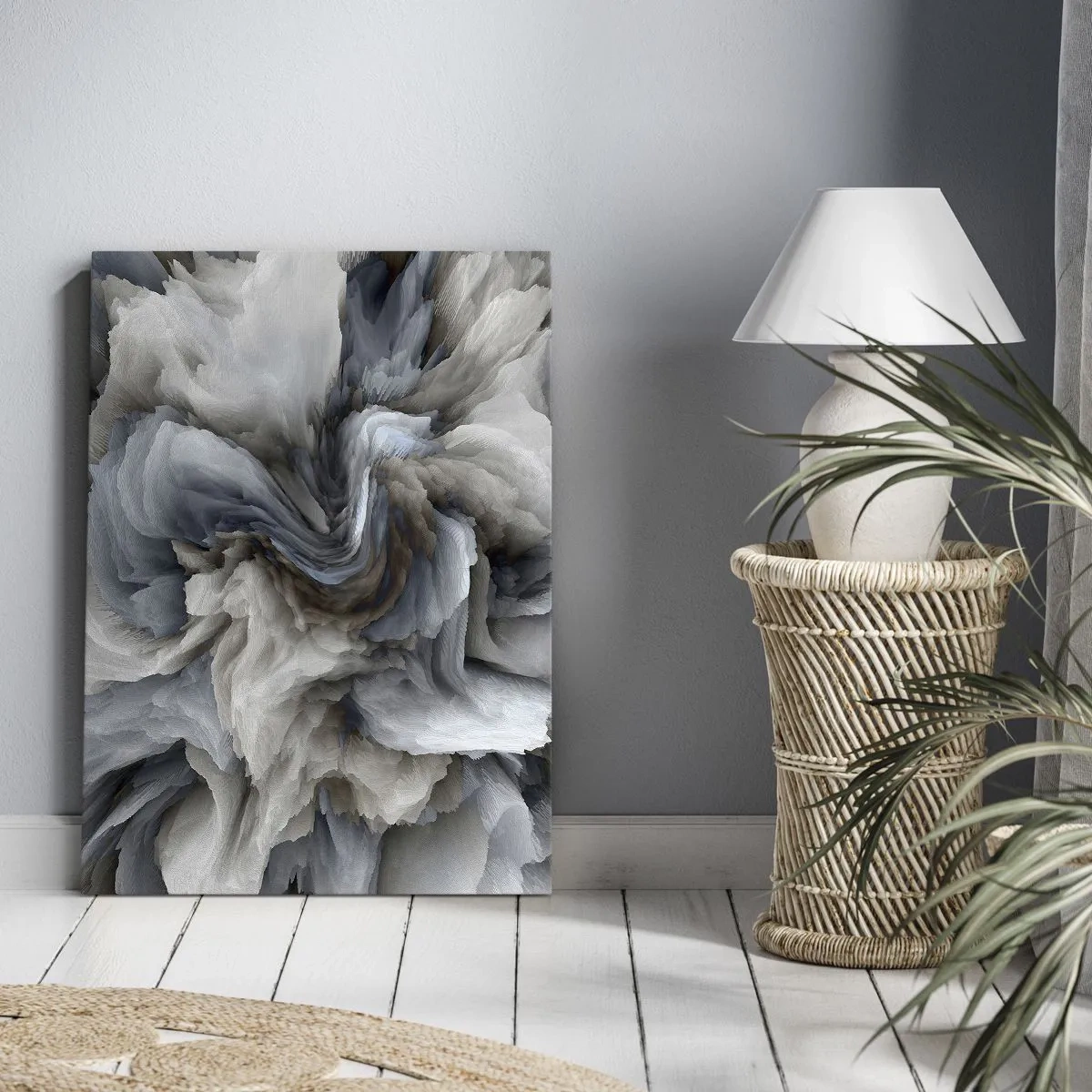 Obraz na płótnie - Abstrakcyjna kompozycja przypominająca wirujące chmury w odcieniach szarości - 50x70cm - Kamień i kwiat - Nowoczesna dekoracja ścienna do salonu, kuchni i sypialni ARTTOR