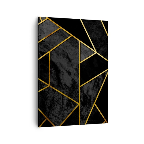 Obraz na płótnie - Geometria złotych linii na czarnym tle o fakturze marmuru - 50x70cm - Mrok i blask - Nowoczesna dekoracja ścienna do salonu, kuchni i sypialni ARTTOR