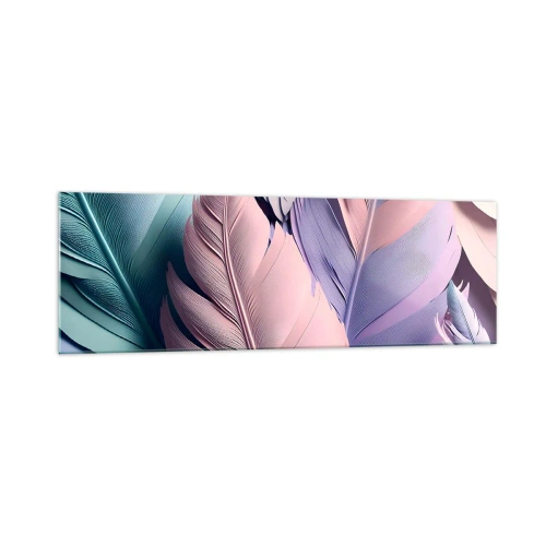 Obraz na szkle - Kolorowe pióra w pastelowych odcieniach na jasnym tle - 160x50cm - Ptasi szyk - Nowoczesna dekoracja ścienna do salonu i sypialni ARTTOR
