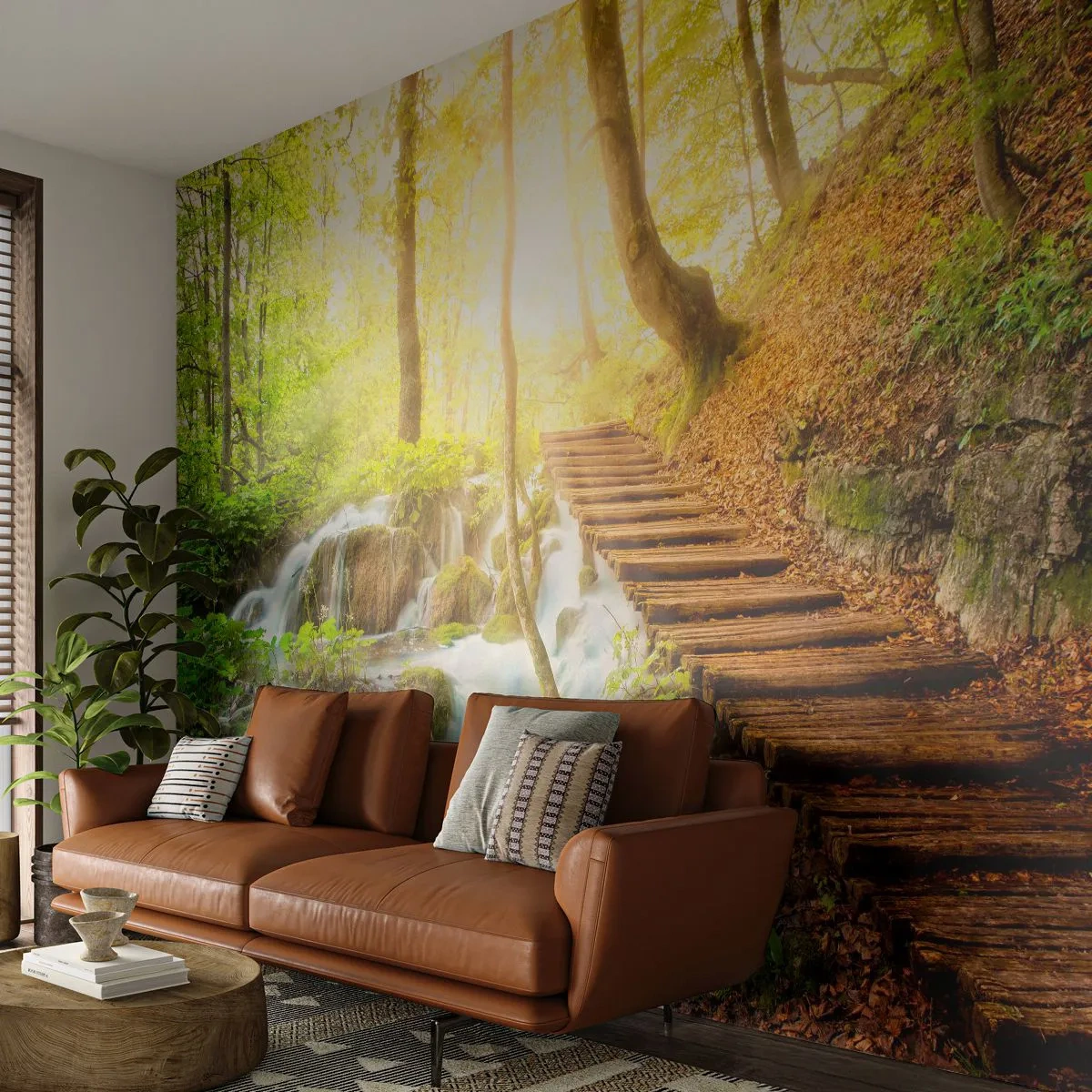 Fototapeta Premium Sand - Leśny wodospad i drewniana ścieżka - 100x70cm - Upragniony chłód - Nowoczesna dekoracja ścienna do salonu, kuchni i sypialni ARTTOR