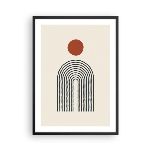 Plakat w czarnej ramie - Geometryczna abstrakcja z liniowym łukiem i czerwonym kołem - 50x70cm - Magnetyzm kształtów i barw - Nowoczesna dekoracja ścienna do salonu i sypialni ARTTOR