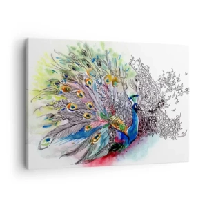 Obraz na płótnie - Paw w kolorowym akwarelowym stylu z abstrakcyjnymi piórami - 70x50cm - Z dumą przeciw szarości  - Nowoczesna dekoracja ścienna do salonu i sypialni ARTTOR