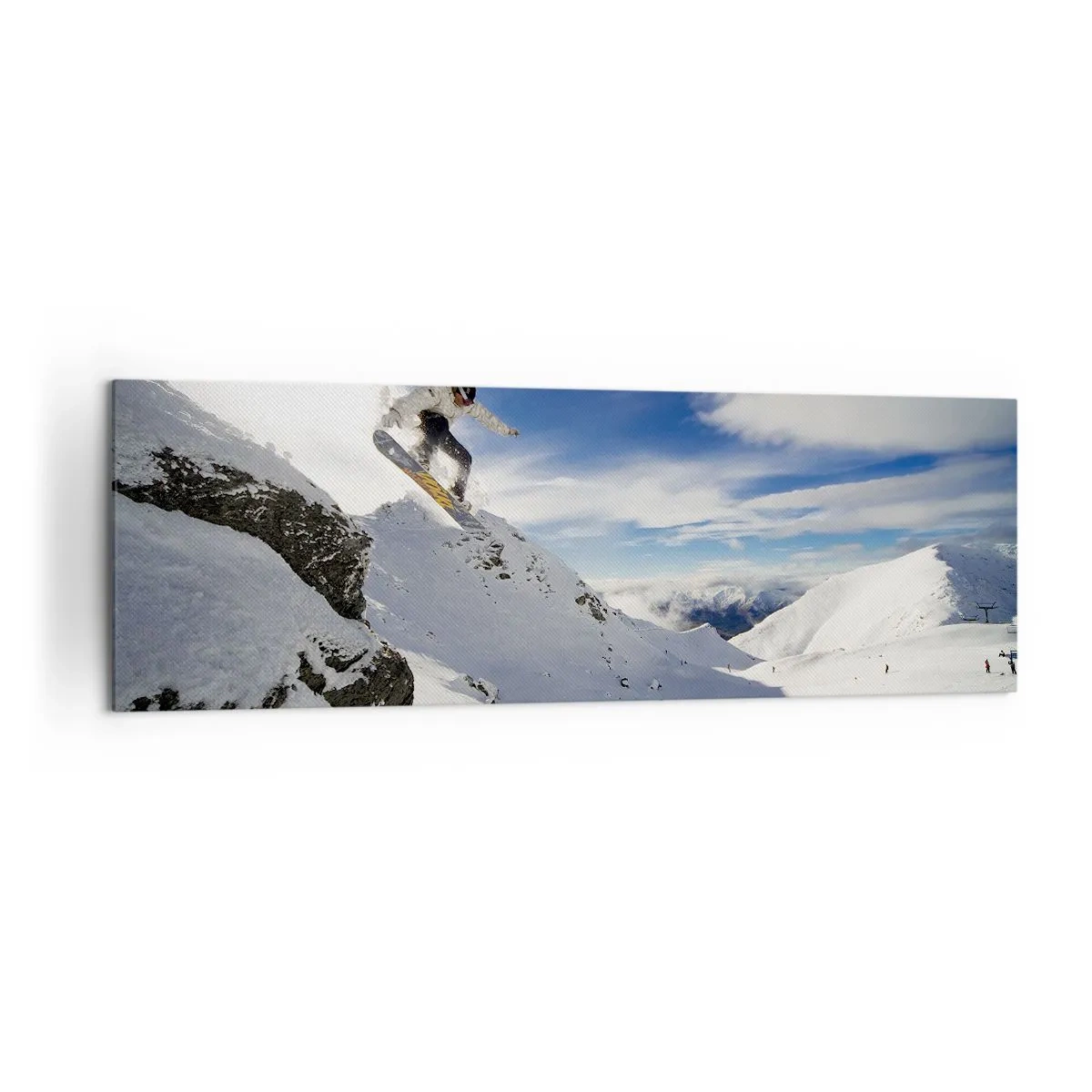 Obraz na płótnie - Snowboardzista skaczący z urwiska na tle ośnieżonych gór - 160x50cm - Wolność bez granic - Nowoczesna dekoracja ścienna do salonu i sypialni ARTTOR
