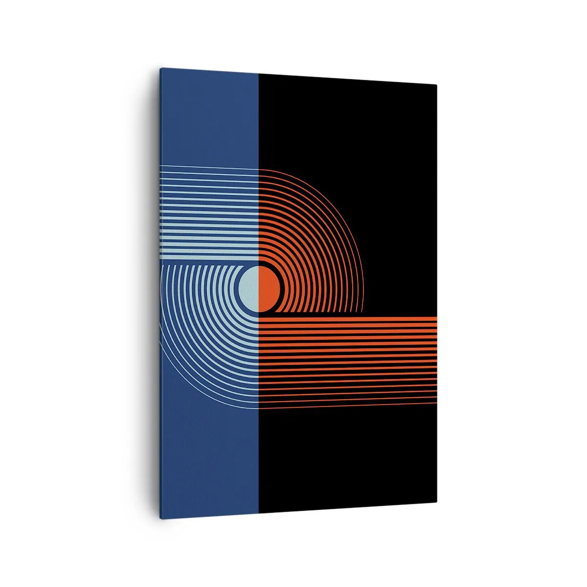 Obraz na płótnie - Geometryczna abstrakcja z liniami w kolorach granatu i pomarańczu - 70x100cm - W geometrycznym uścisku - Nowoczesna dekoracja ścienna do salonu i sypialni ARTTOR