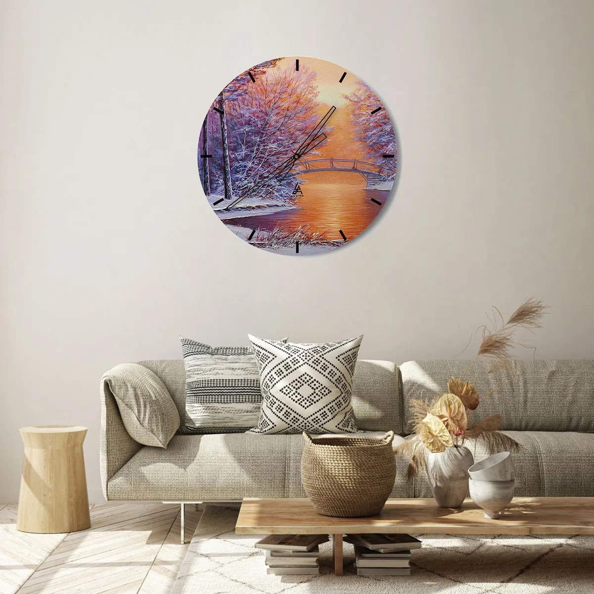 Zegar ścienny - Zimowy krajobraz z mostem nad rzeką, drzewa i śnieg - 30x30cm - Spotkajmy się tu - Nowoczesna dekoracja ścienna do salonu, kuchni i sypialni ARTTOR