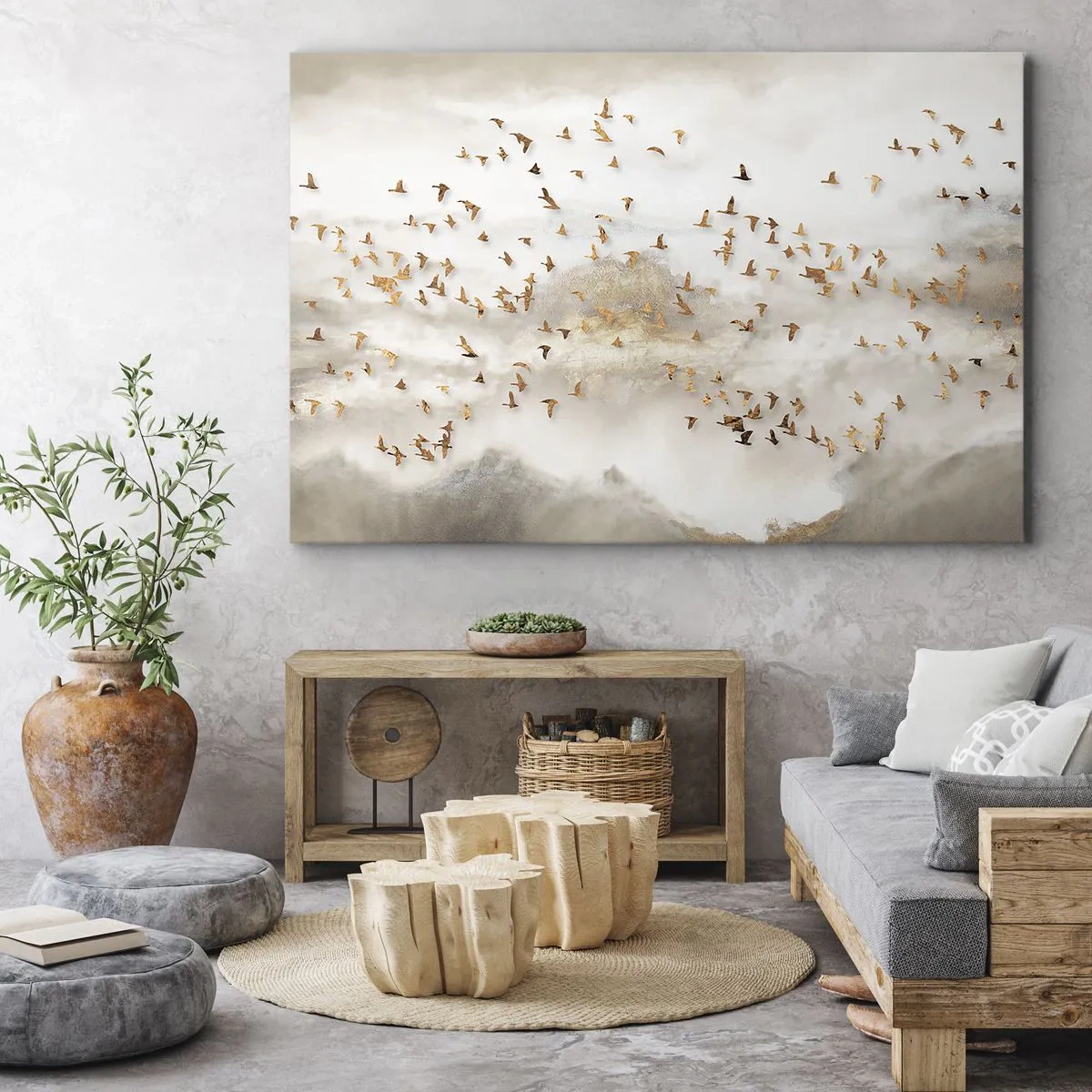 Obraz na płótnie - Złote ptaki na tle mglistych gór - 70x50cm - Już czas… - Nowoczesna dekoracja ścienna do salonu i sypialni ARTTOR
