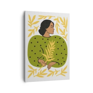 Obraz na płótnie - Kobieta w zielonej sukni z liściastym motywem na jasnym tle - 50x70cm - Hawajska dziewczyna - Nowoczesna dekoracja ścienna do salonu, kuchni i sypialni ARTTOR