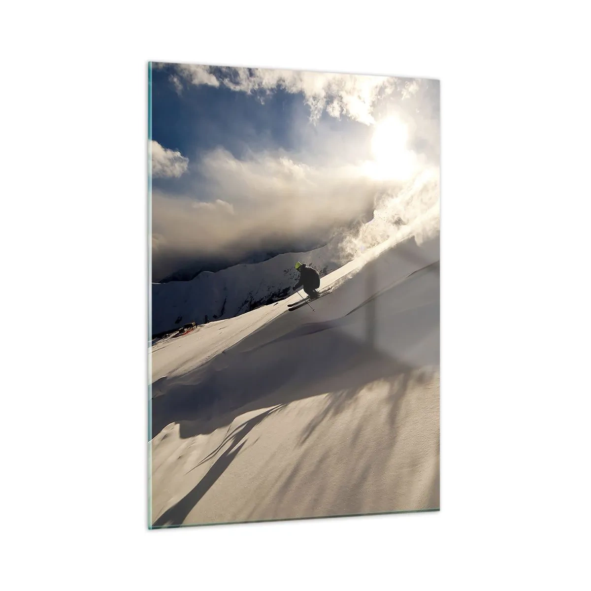 Obraz na szkle - Narciarz zjeżdżający po stoku w świetle zimowego słońca - 50x70cm - Podjęte wyzwanie gór - Nowoczesna dekoracja ścienna do salonu, kuchni i sypialni ARTTOR