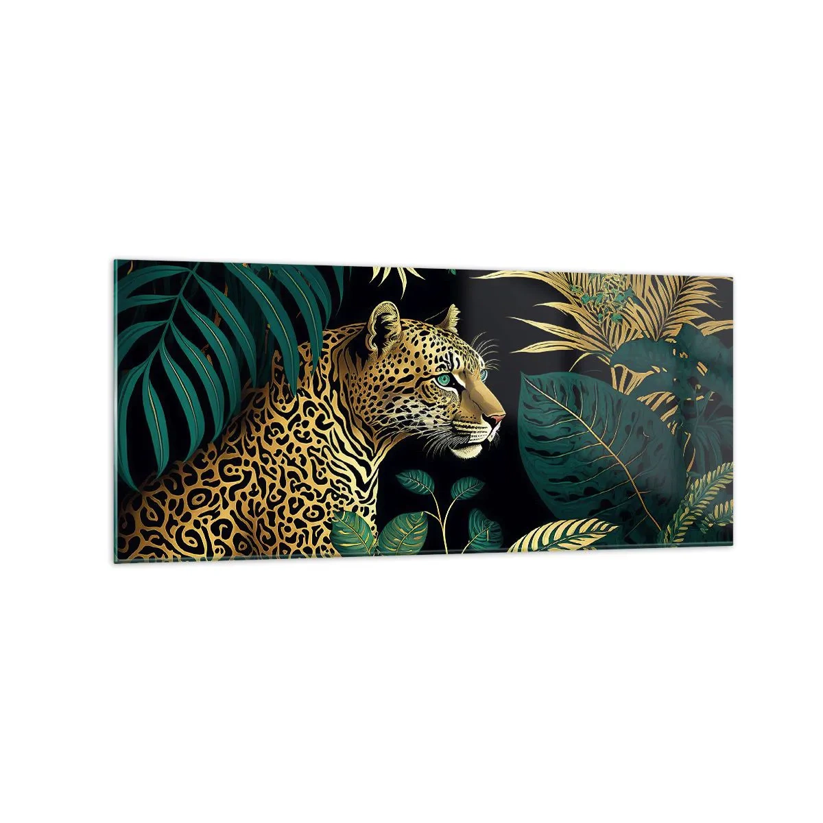 Obraz na szkle - Leopard w tropikalnych liściach na czarnym tle - 120x50cm - Gospodarz w dżungli - Nowoczesna dekoracja ścienna do salonu i sypialni ARTTOR