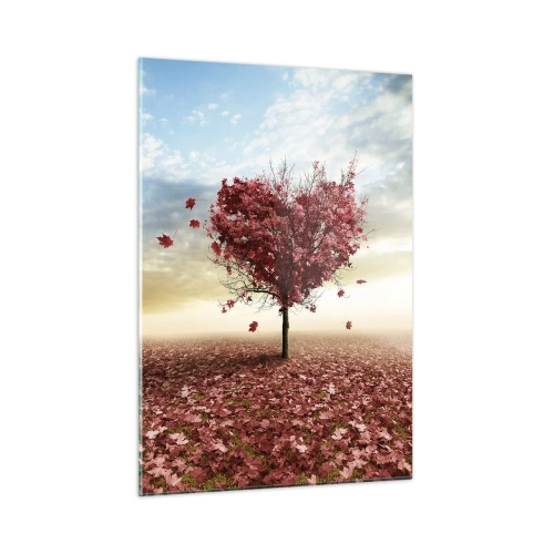 Obraz na szkle - Drzewo w kształcie serca na tle pola z czerwonymi liśćmi - 50x70cm - Pokochaj też jesień - Nowoczesna dekoracja ścienna do salonu, kuchni i sypialni ARTTOR