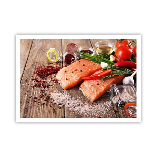 Plakat - Filety łososia z przyprawami na drewnianym tle - 100x70cm - Norweska przygoda w kuchni - Nowoczesna dekoracja ścienna do salonu i sypialni ARTTOR
