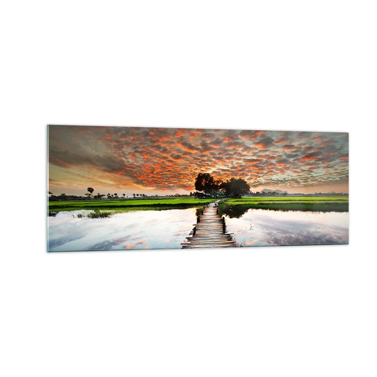 Obraz na szkle - Drewniany mostek nad wodą o zachodzie słońca - 140x50cm - Rozłóż ramiona - oddychaj  - Nowoczesna dekoracja ścienna do salonu i sypialni ARTTOR