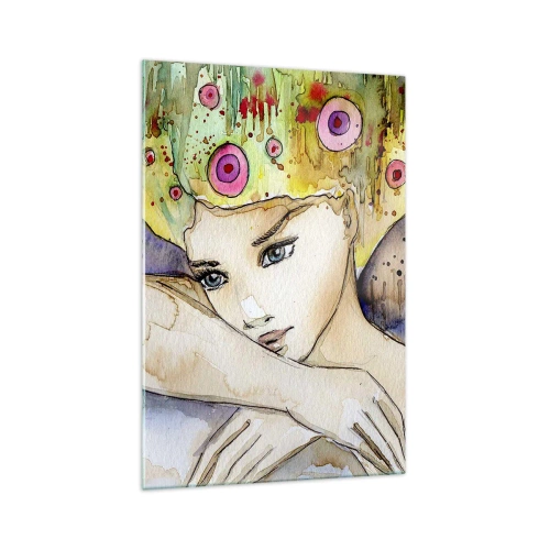 Obraz na szkle - Kobieta z abstrakcyjną fryzurą i różowym motylem - 70x100cm - Motyla księżniczka - Nowoczesna dekoracja ścienna do salonu i sypialni ARTTOR