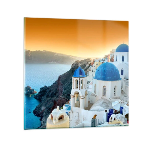 Obraz na szkle - Santorini - przytulone do skał - 70x70 cm