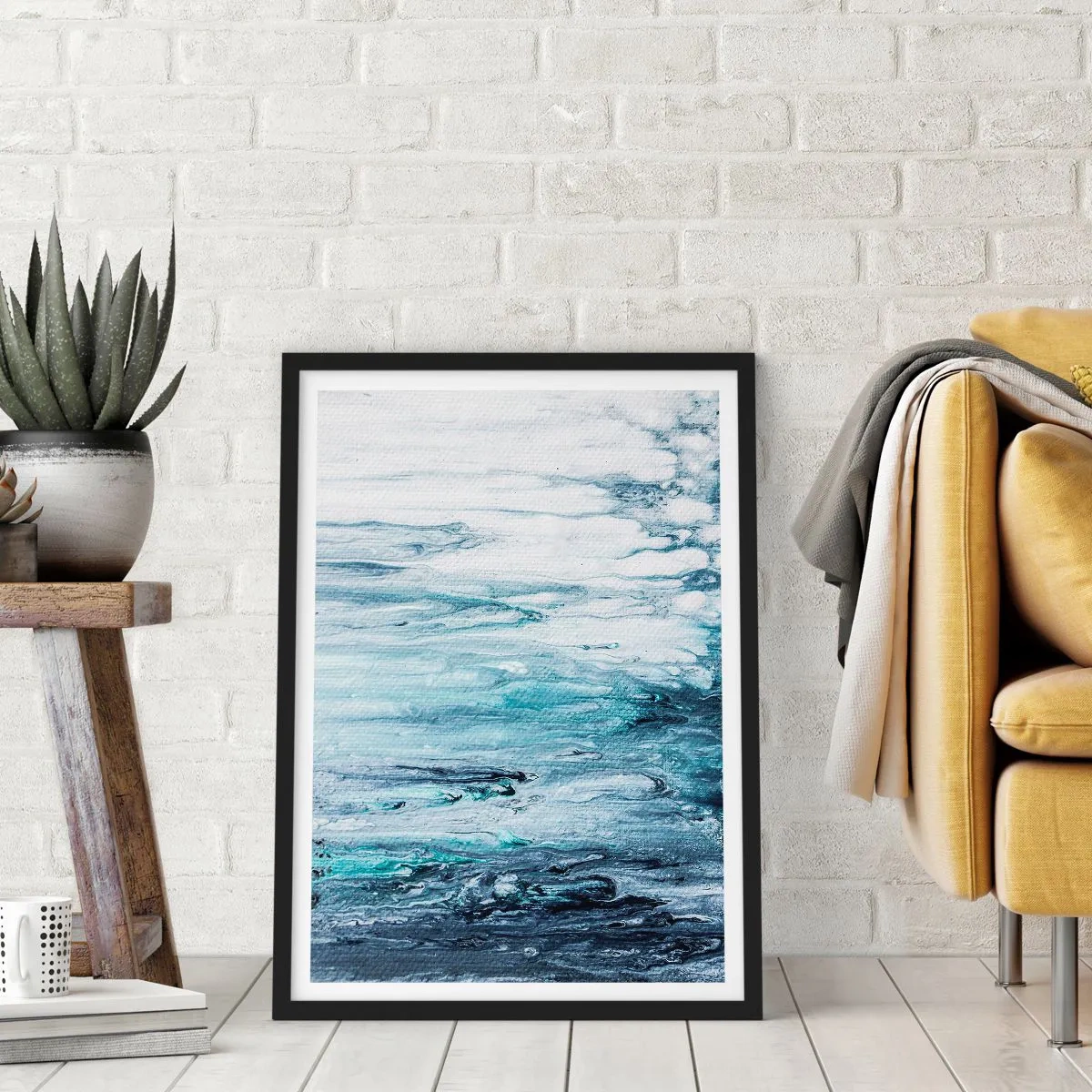 Plakat w czarnej ramie - Abstrakcyjny wzór w odcieniach błękitu i szarości - 50x70cm - Sople błękitu - Nowoczesna dekoracja ścienna do salonu i sypialni ARTTOR
