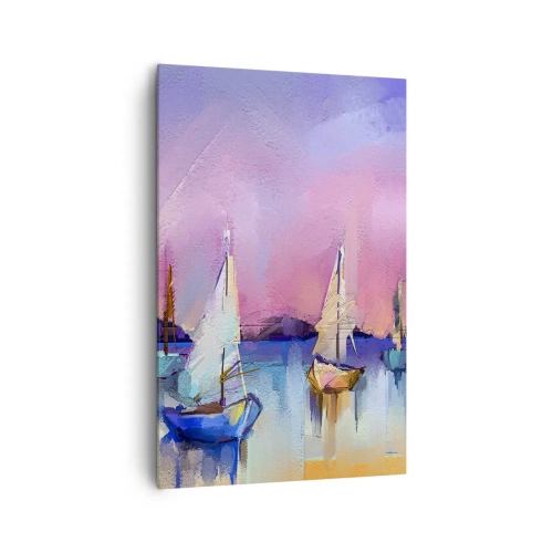 Obraz na płótnie - Żaglówki na spokojnym morzu w pastelowych kolorach zachodu - 80x120cm - Kierunek: szerokie wody - Nowoczesna dekoracja ścienna do salonu i sypialni ARTTOR