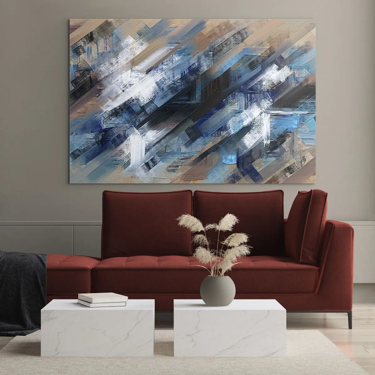 Obraz na szkle - Abstrakcyjne skośne pasy w odcieniach błękitu, bieli i beżu - 70x50cm - Po błękitnym skosie - Nowoczesna dekoracja ścienna do salonu i sypialni ARTTOR