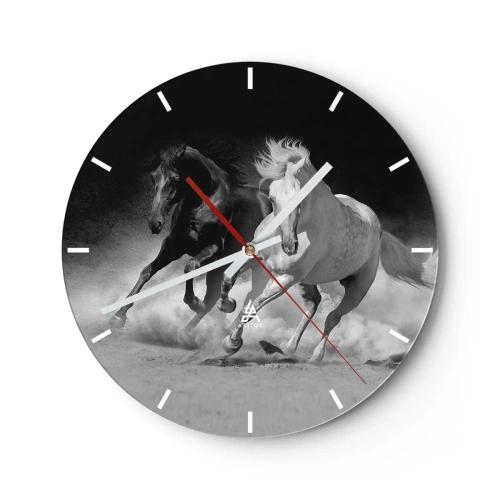 Zegar ścienny - Czarno-biały motyw galopujących koni na tle pyłu - 30x30cm - Galop wolności - Nowoczesna dekoracja ścienna do salonu, kuchni i sypialni ARTTOR