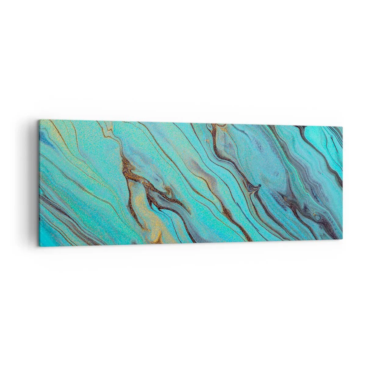 Obraz na płótnie - Abstrakcyjne fale w odcieniach turkusu i złota - 140x50cm - Turkusowy przypływ - Nowoczesna dekoracja ścienna do salonu i sypialni ARTTOR