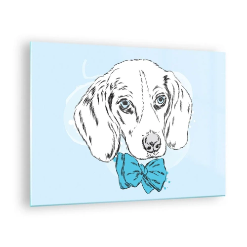 Obraz na szkle - Rysunek psa z muszką na niebieskim tle - 70x50cm - Psia elegancja - Nowoczesna dekoracja ścienna do salonu i sypialni ARTTOR