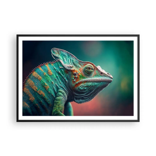 Plakat w czarnej ramie - Zbliżenie na kameleona w intensywnych kolorach - 100x70cm - Widzisz mnie? Niedobrze… - Nowoczesna dekoracja ścienna do salonu i sypialni ARTTOR