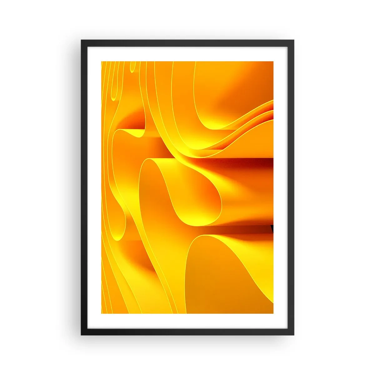 Plakat w czarnej ramie - Abstrakcyjna kompozycja w odcieniach złota i pomarańczy - 50x70cm - Jak fale słońca - Nowoczesna dekoracja ścienna do salonu i sypialni ARTTOR