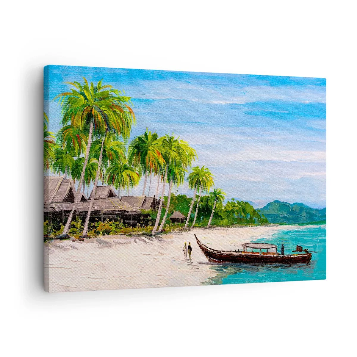 Obraz na płótnie - Egzotyczna plaża z palmami i łodzią przy brzegu - 70x50cm - Egzotyczny sen - Nowoczesna dekoracja ścienna do salonu i sypialni ARTTOR