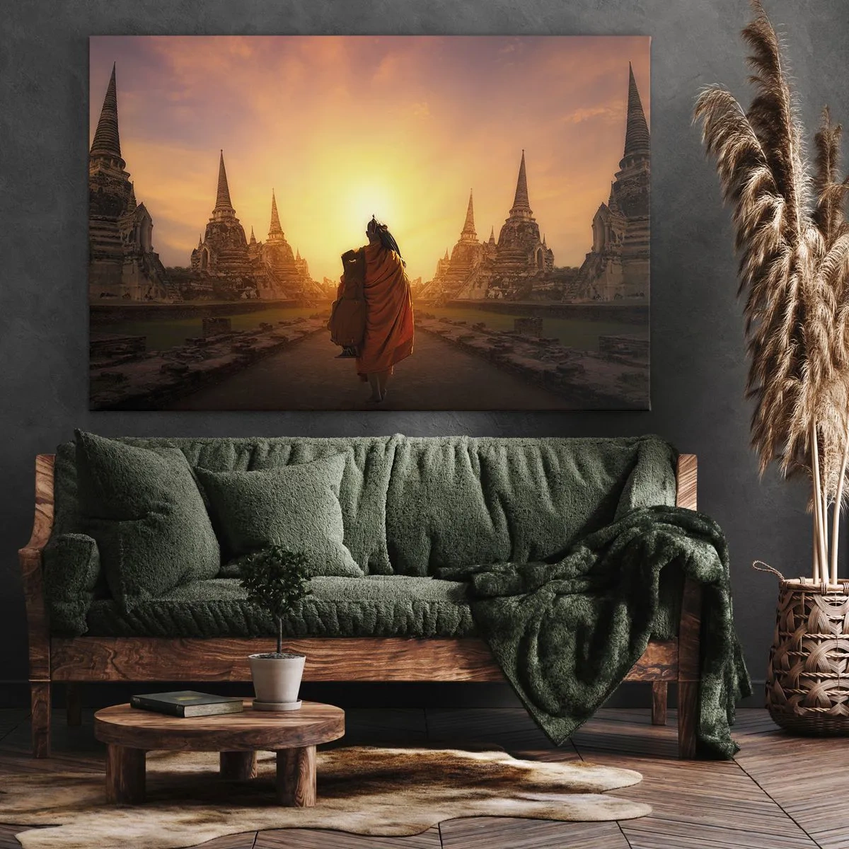 Obraz na płótnie - Mnich wśród świątyń o zachodzie słońca - 120x80cm - W spokoju przez wieczność - Nowoczesna dekoracja ścienna do salonu, kuchni i sypialni ARTTOR