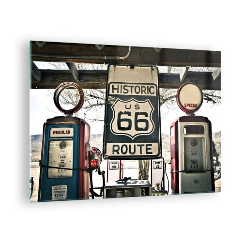 Obraz na szkle - Zabytkowe dystrybutory paliwa i znak Route 66 - 70x50cm - Amerykańska retro podróż - Nowoczesna dekoracja ścienna do salonu i sypialni ARTTOR