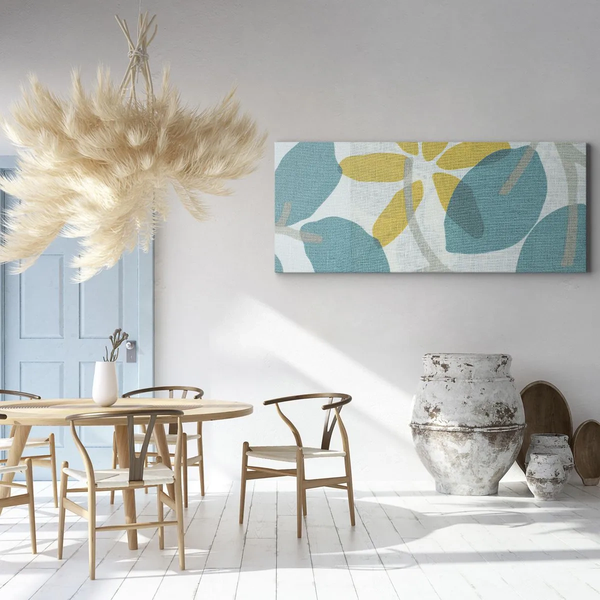 Obraz na płótnie - Liście w odcieniach turkusu i żółci na jasnym tle - 140x50cm - Wśród lazurowych liści - Nowoczesna dekoracja ścienna do salonu i sypialni ARTTOR
