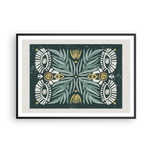 Plakat w czarnej ramie - Symetryczny wzór roślinny na zielonym tle - 100x70cm - Jak ludowa wycinanka - Nowoczesna dekoracja ścienna do salonu i sypialni ARTTOR
