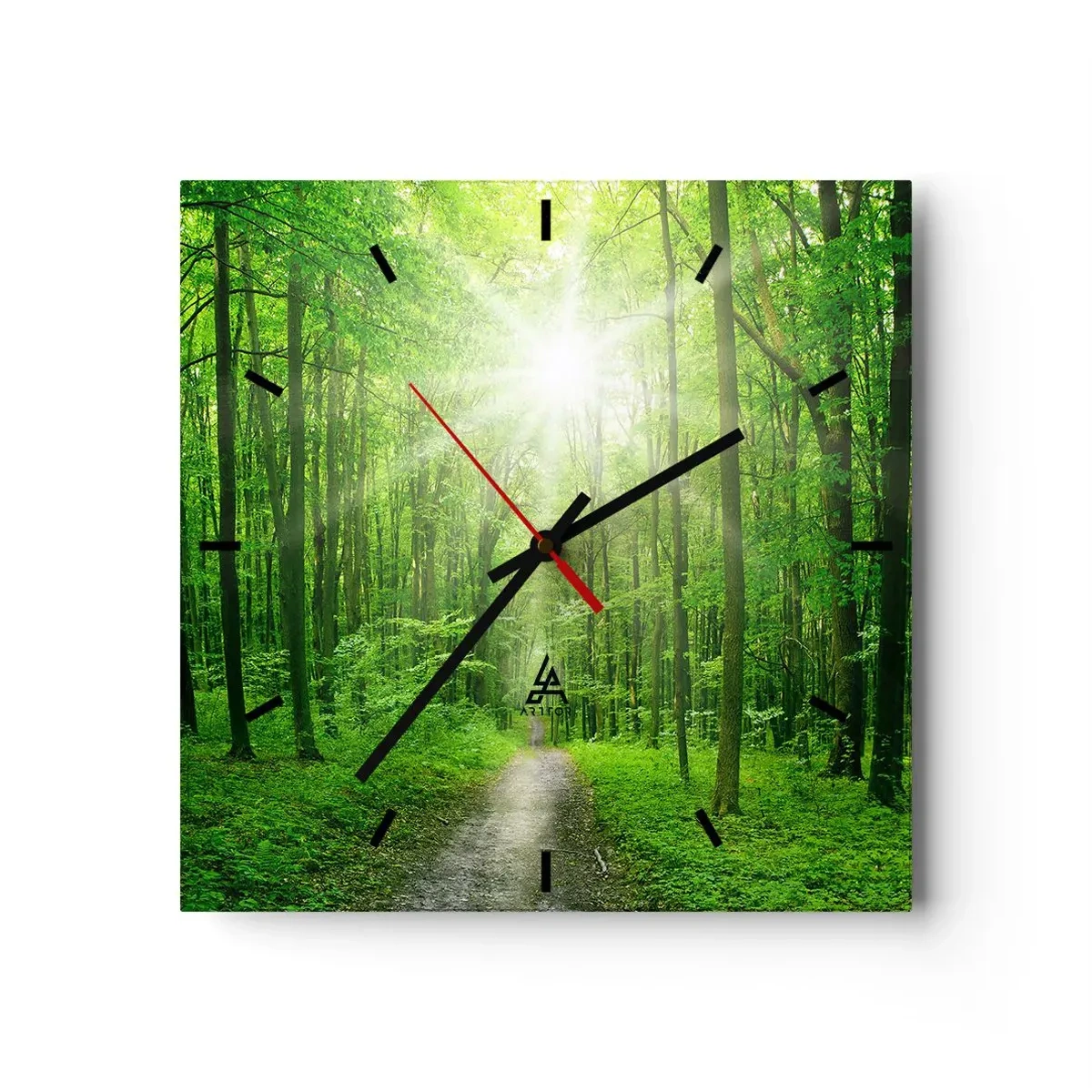 Zegar ścienny - Ścieżka w lesie z promieniami słońca - 30x30cm - Zielona katedra - Nowoczesna dekoracja ścienna do salonu i sypialni ARTTOR