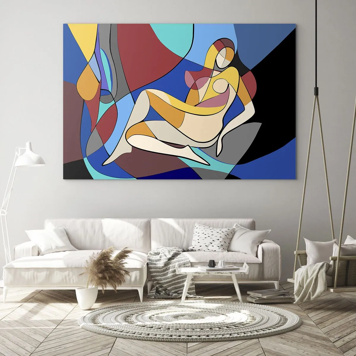 Obraz na szkle - Kubistyczna kobieta w abstrakcyjnej kompozycji - 70x50cm - Kubistyczny akt - Nowoczesna dekoracja ścienna do salonu i sypialni ARTTOR