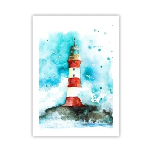 Plakat - Latarnia morska w akwarelowym stylu z morskimi falami - 50x70cm - Jedność żywiołów - Nowoczesna dekoracja ścienna do salonu, kuchni i sypialni ARTTOR