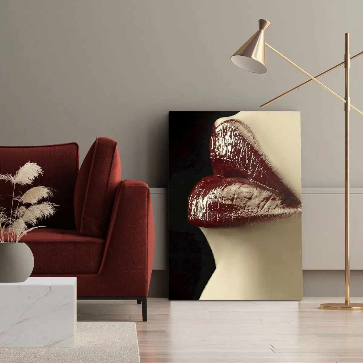 Obraz na płótnie - Czerwone usta i szminka na czarnym tle - 70x100cm - Zmysłowość i blask karminu - Nowoczesna dekoracja ścienna do salonu i sypialni ARTTOR