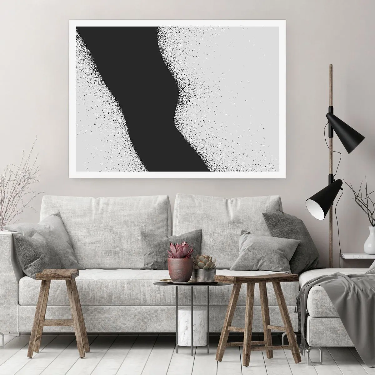 Plakat - Abstrakcyjny czarno-biały wzór z delikatnymi kropkami na płótnie - 100x70cm - Płynna równowaga - Nowoczesna dekoracja ścienna do salonu i sypialni ARTTOR