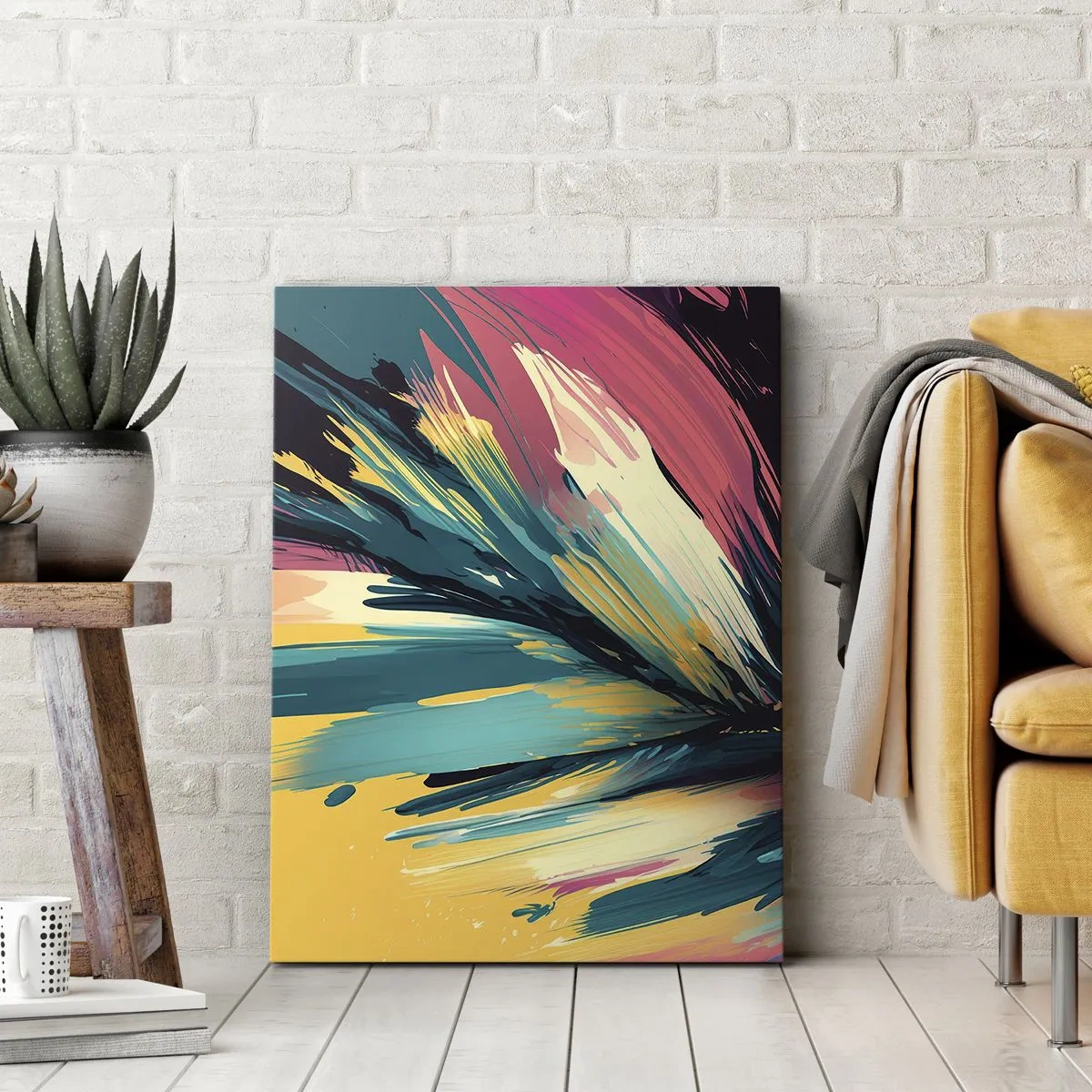 Obraz na płótnie - Abstrakcyjna kompozycja w odcieniach turkusu, żółci i różu - 50x70cm - Kompozycja – eksplozja radości - Nowoczesna dekoracja ścienna do salonu, kuchni i sypialni ARTTOR