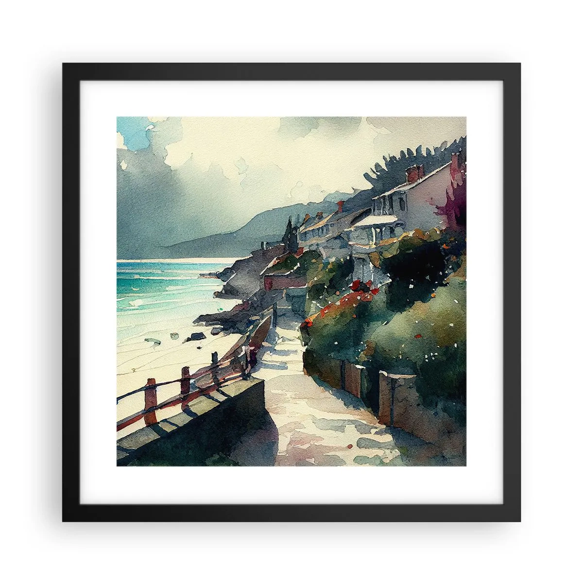 Plakat w czarnej ramie - Śródziemnomorskie miasteczko - 40x40 cm