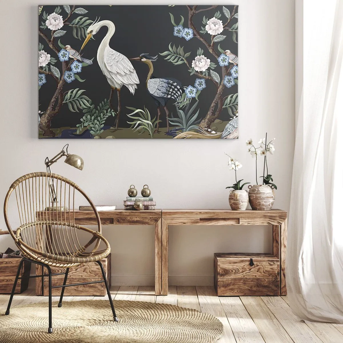 Obraz na płótnie - Malowane ptaki i rośliny na ciemnym tle o eleganckim wzorze - 70x50cm - Ptasia parada - Nowoczesna dekoracja ścienna do salonu i sypialni ARTTOR