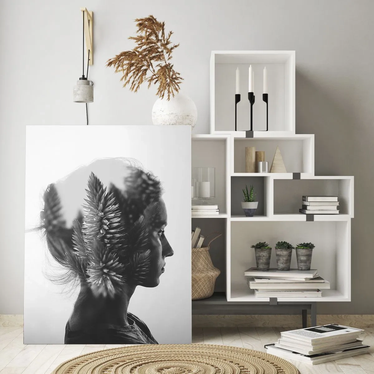 Obraz na szkle - Kobieta w czerni i bieli z nałożonym motywem lasu iglastego - 50x70cm - Pani sosnowego lasu - Nowoczesna dekoracja ścienna do salonu, kuchni i sypialni ARTTOR