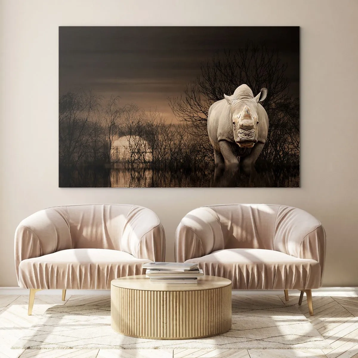 Obraz na szkle - Nosorożec na tle zachodzącego słońca - 120x80cm - Biały przeciw naturze - Nowoczesna dekoracja ścienna do salonu, kuchni i sypialni ARTTOR