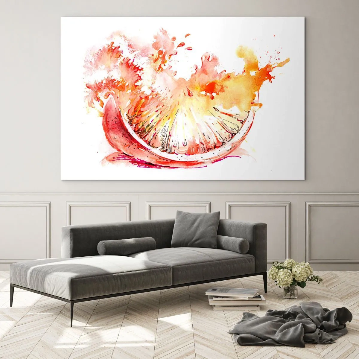 Obraz na szkle - Akwarela soczystej cząstki grejpfruta w ruchu - 70x50cm - Soczyste orzeźwienie - Nowoczesna dekoracja ścienna do salonu i sypialni ARTTOR