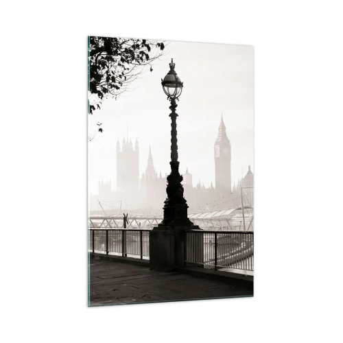 Obraz na szkle - Monochromatyczny widok na Big Ben i Tamizę - 70x100cm - Londyński poranek - Nowoczesna dekoracja ścienna do salonu i sypialni ARTTOR