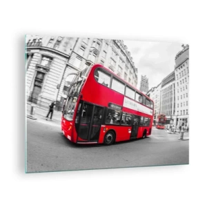 Obraz na szkle - Czerwony autobus w ruchu na tle londyńskich ulic - 70x50cm - Londyn tradycyjnie - by bus - Nowoczesna dekoracja ścienna do salonu i sypialni ARTTOR