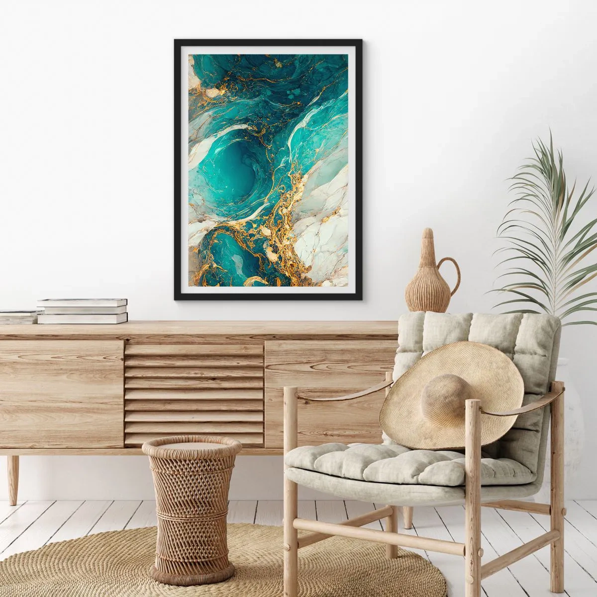 Plakat w czarnej ramie - Turkusowa abstrakcja z akcentami złota - 50x70cm - Kompozycja z żyłami złota - Nowoczesna dekoracja ścienna do salonu i sypialni ARTTOR