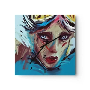Zegar ścienny - Portret kobiety w dynamicznych kolorach i abstrakcyjnym stylu - 30x30cm - Wojowniczka szos - Nowoczesna dekoracja ścienna do salonu i sypialni ARTTOR