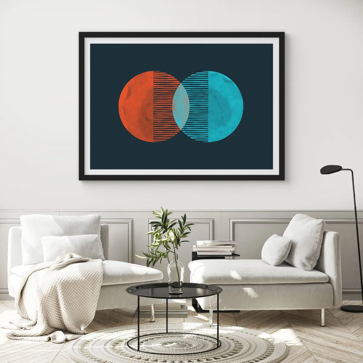 Plakat w czarnej ramie - Dwa koła w kolorze pomarańczowym i niebieskim na ciemnym tle - 70x50cm - Astronomiczna fantazja - Nowoczesna dekoracja ścienna do salonu i sypialni ARTTOR