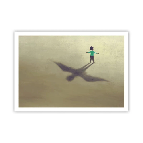 Plakat - Symboliczna postać dziecka z cieniem ptaka na tle w ciepłych odcieniach - 100x70cm - Bohater przyszłości - Nowoczesna dekoracja ścienna do salonu i sypialni ARTTOR
